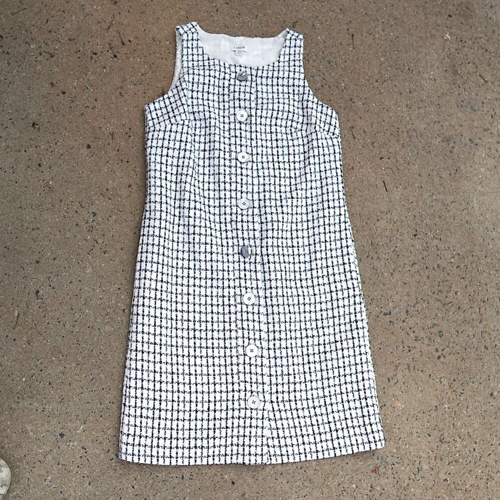 J.Crew Factory Black White Tweed Shift Dress 00 Sleeveless Button Front Mini